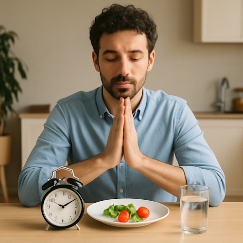 Person looking at a clock, eating during a specific time to eat again due to intermittent fasting