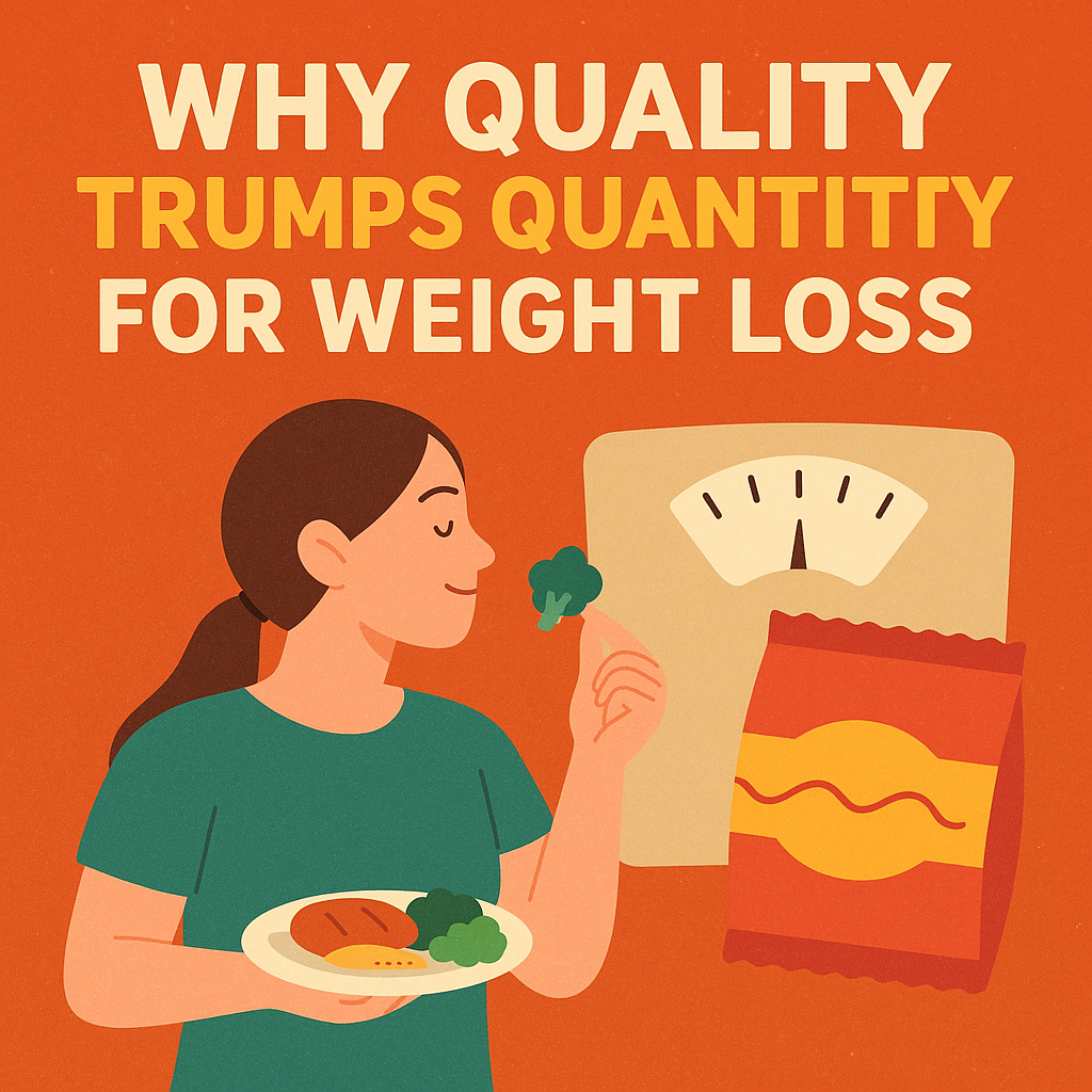 Illustration of woman eating healthy food beside chips and a weighing scale, representing quality vs quantity in weight loss