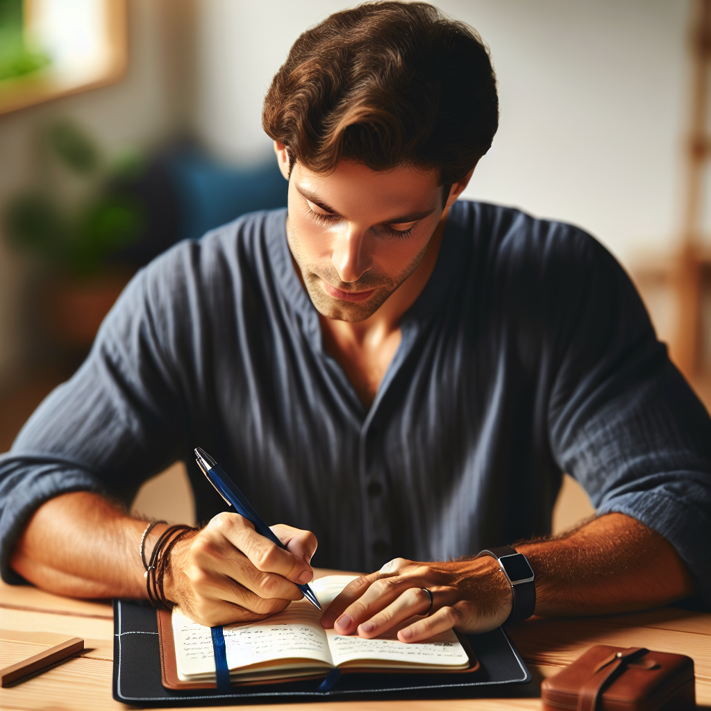 A person writing weight loss goals on a notebook.