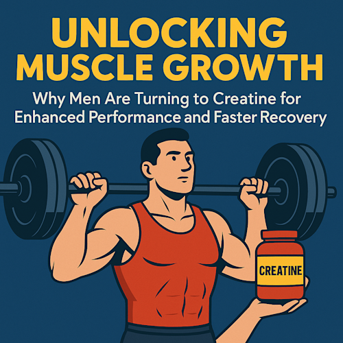 Illustration of muscular man lifting barbell and holding creatine with title about muscle growth and performance benefits