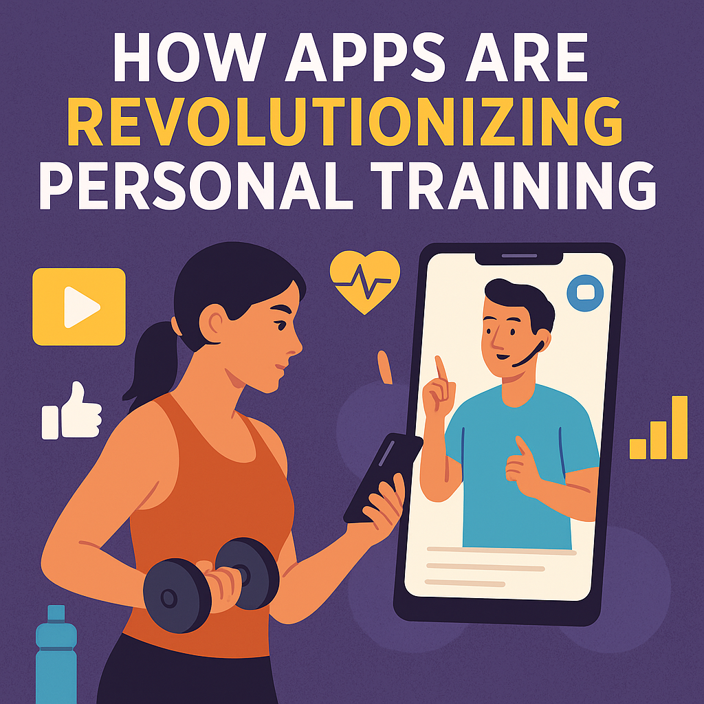 Illustration of woman using fitness app with virtual trainer and health icons, showing how apps impact personal training"