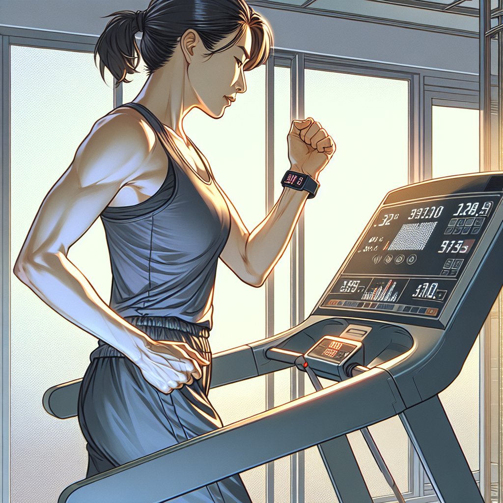 Person walking on a treadmill, holding a pedometer.