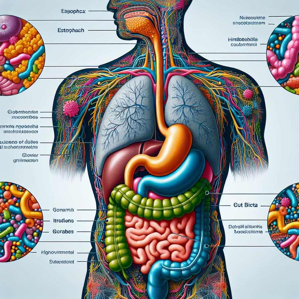 Diagram of digestive system highlighting gut microbiome.