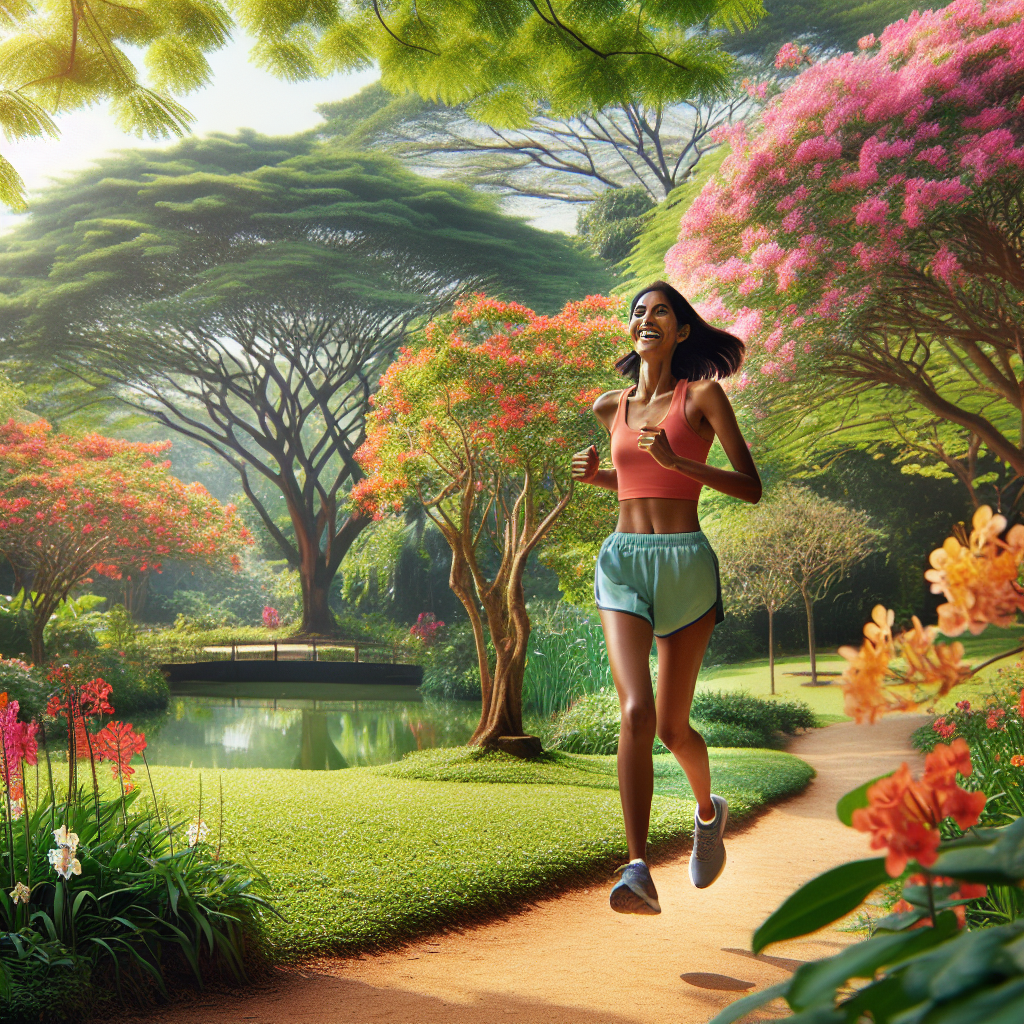 "A person jogging happily in a park"