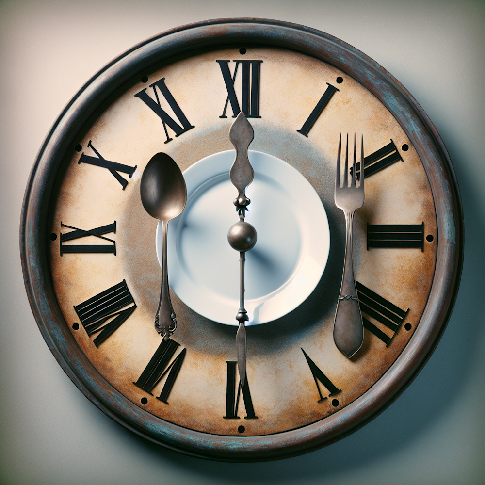 "Clock, fork and plate symbolizing meal timing."
