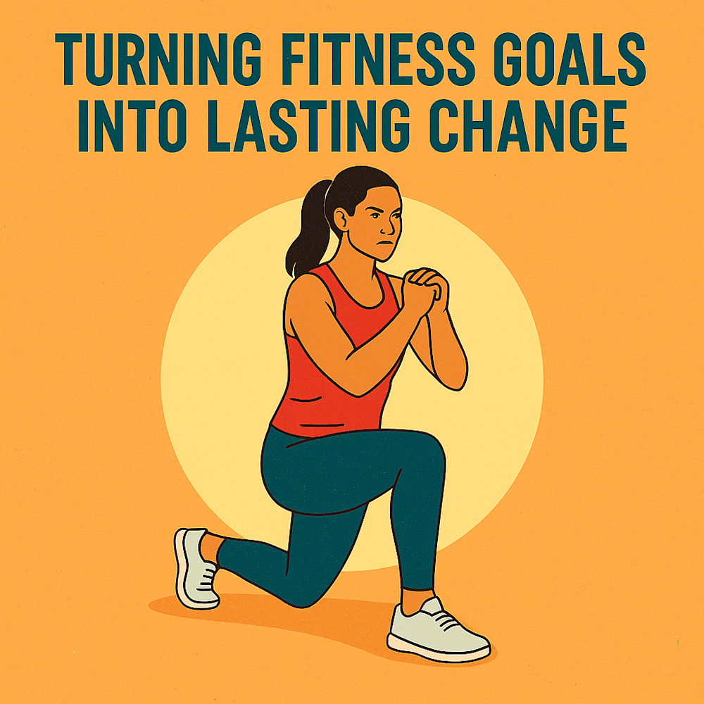 Illustration of woman doing a forward lunge with bold title about turning fitness goals into lasting change