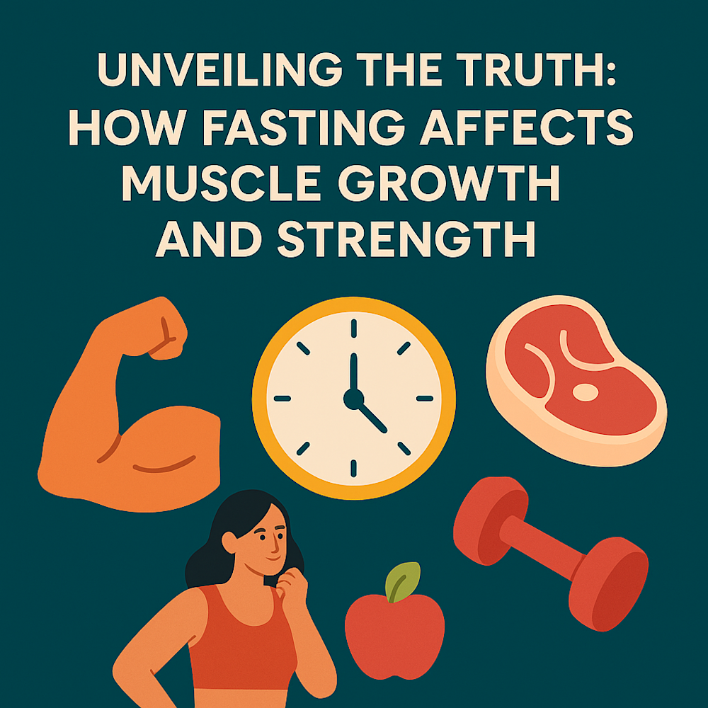 Illustration of flexed arm, clock, steak, dumbbell, apple, and woman in workout gear representing fasting and muscle growth