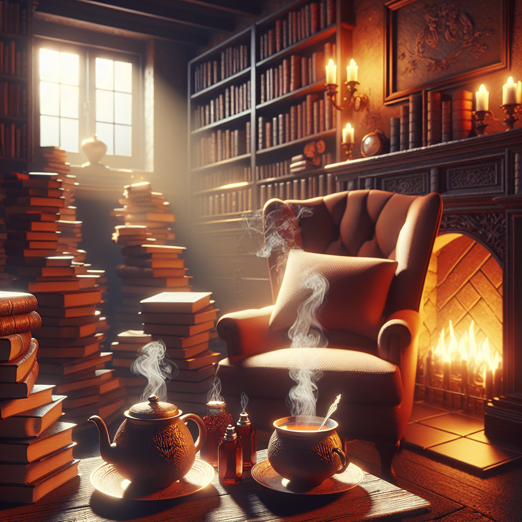 A warm, cozy room with hot drinks and books.
