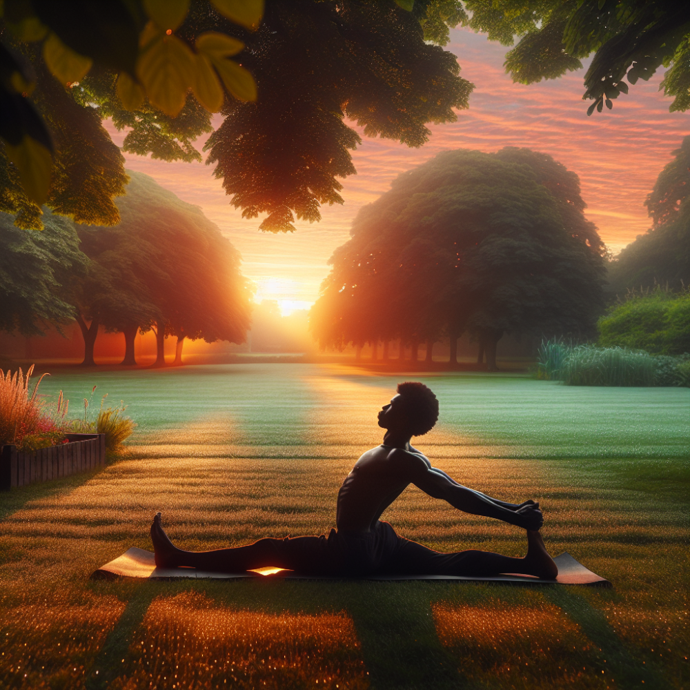 Person stretching during sunrise in a park.