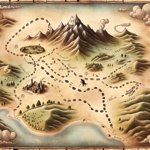 "Footprints on a map, marking journey from Hobbiton to Mordor."