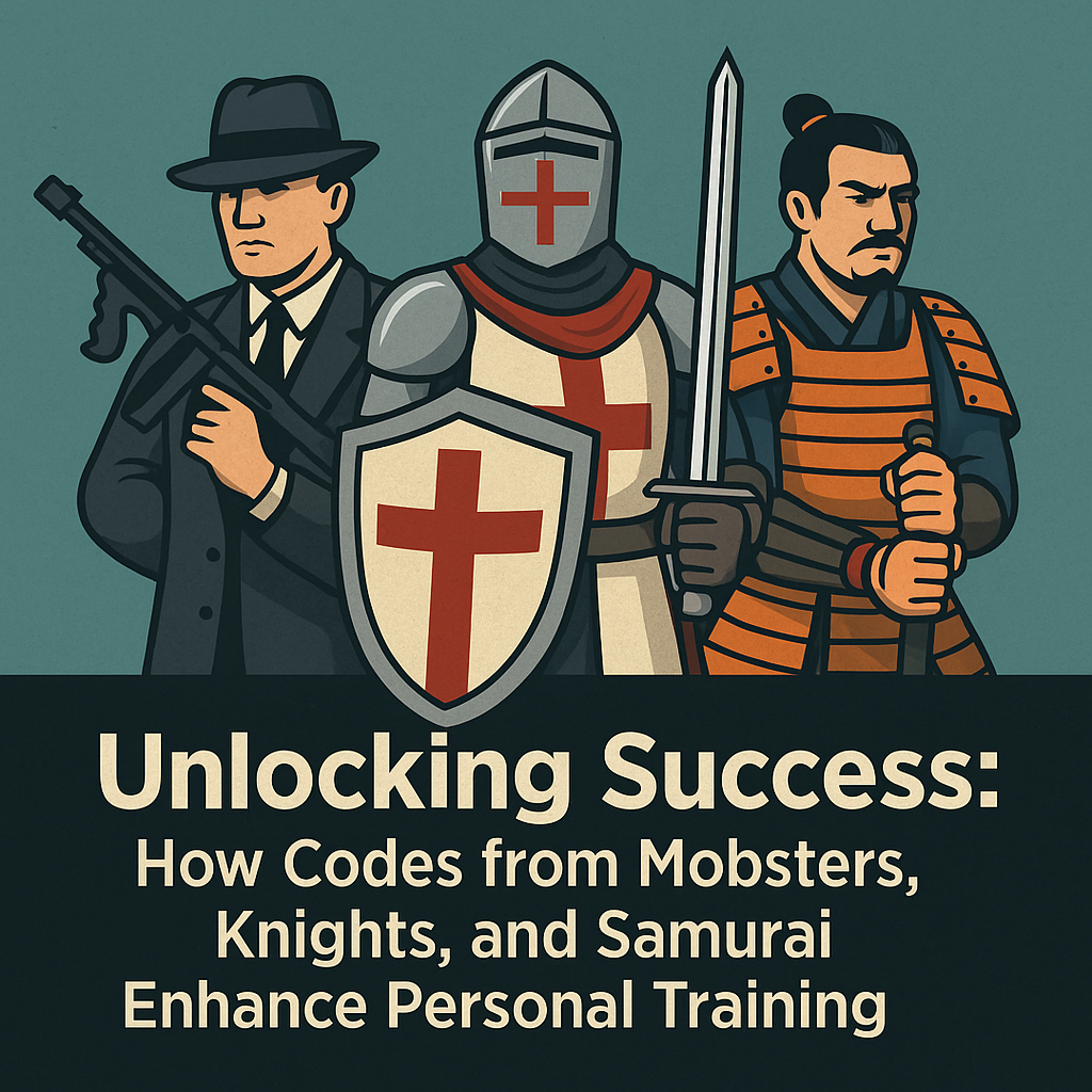 Illustration of mobster, knight, and samurai with bold title about how their codes enhance personal training success