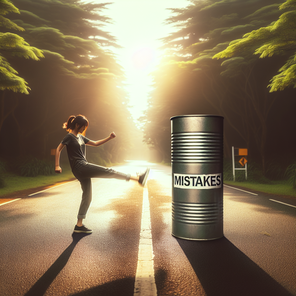 Person kicking a can labeled "mistakes" on a sunny road.