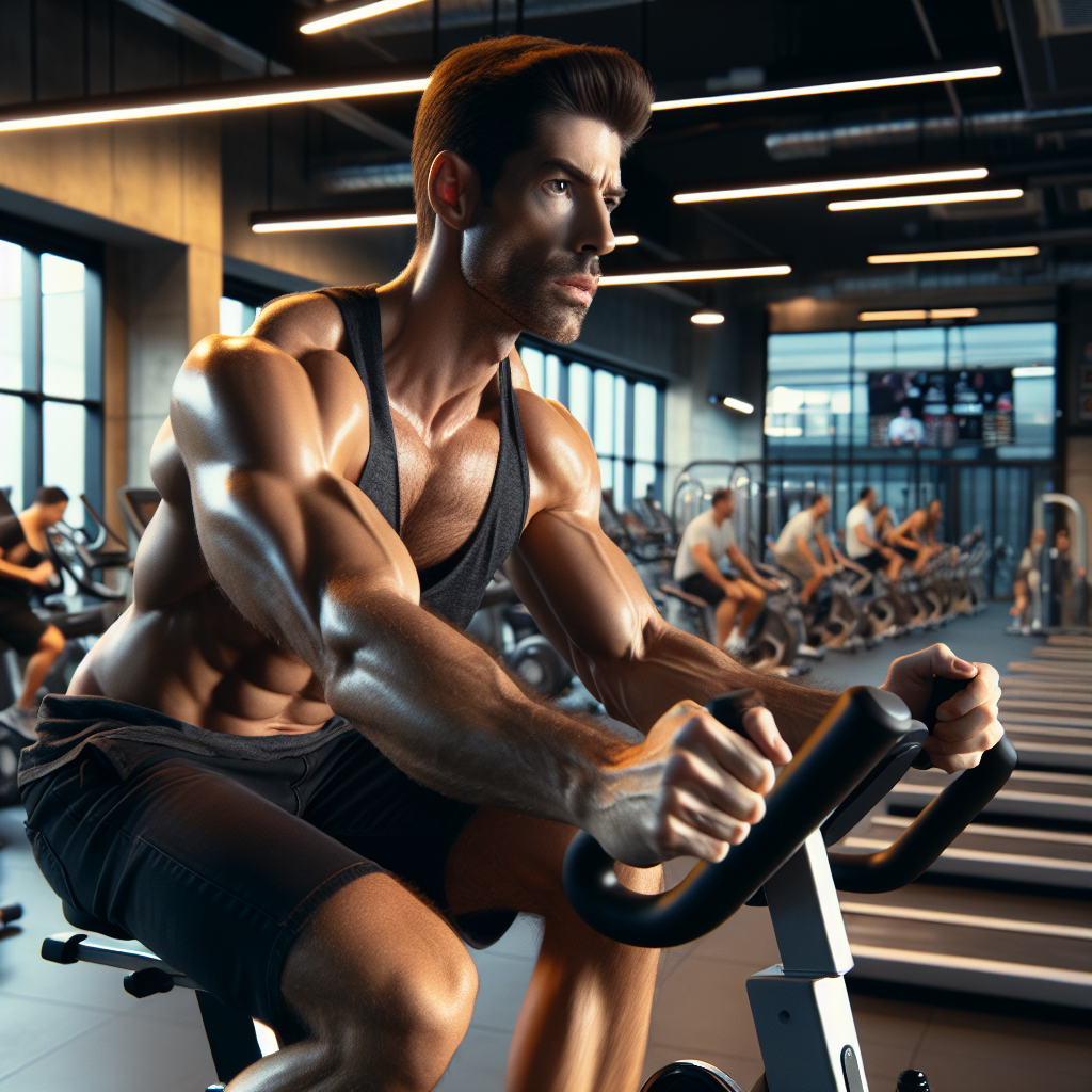 Man on recumbent bike in gym backdrop
