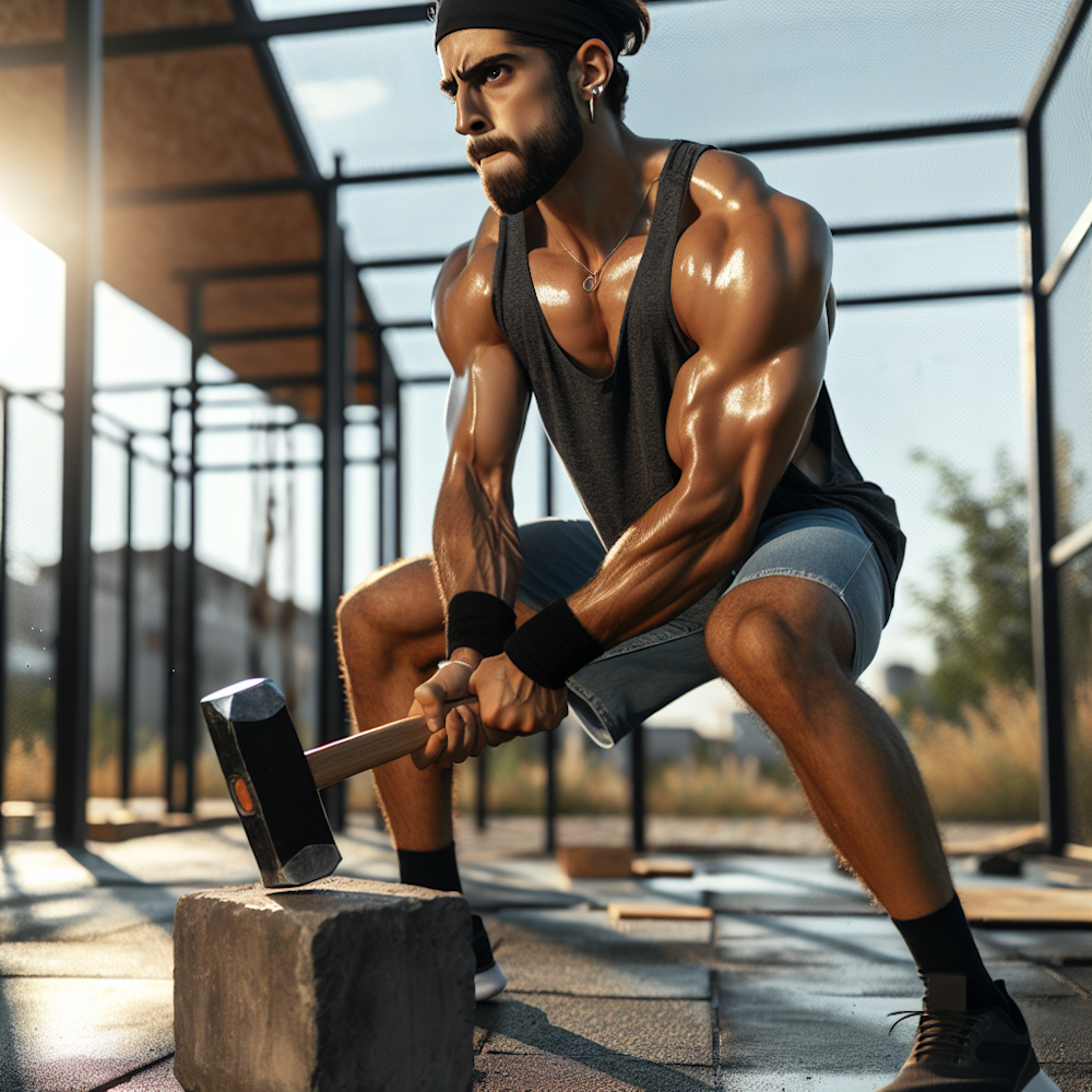 Person swinging sledgehammer for workout.