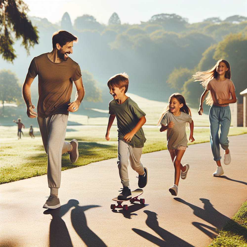 Single dad exercising with his children.