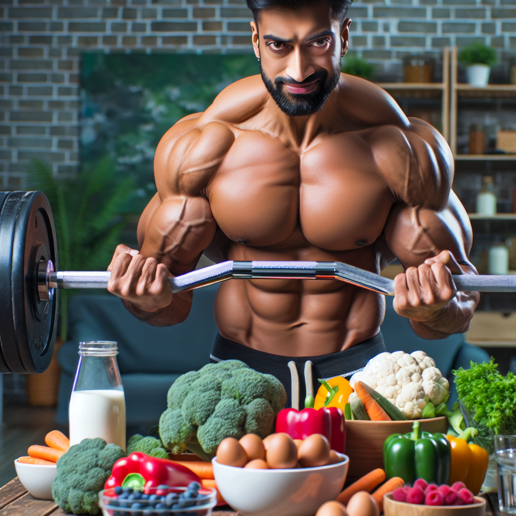 Man lifting weights surrounded by healthy food.