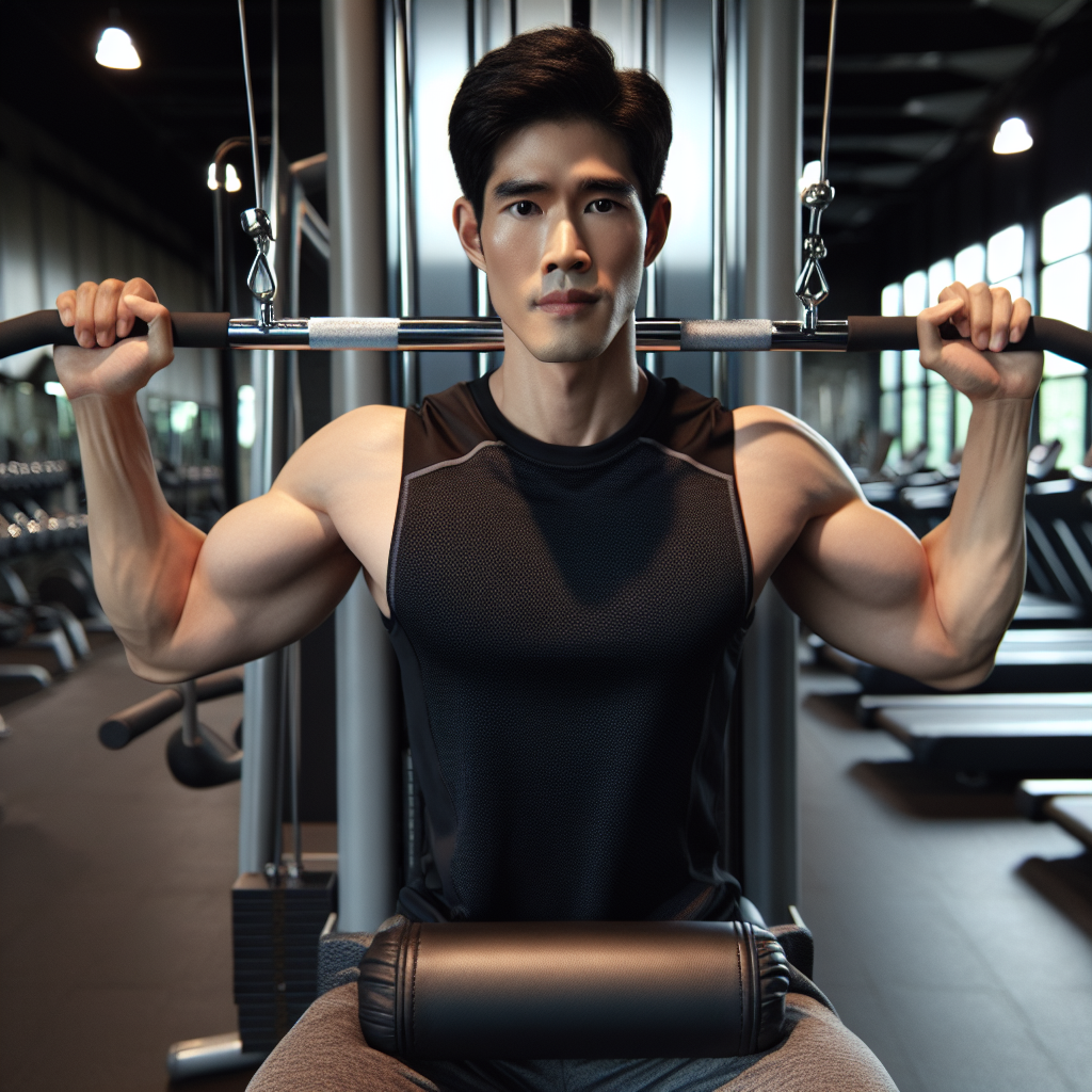 Person doing lat pulldown exercise in gym.