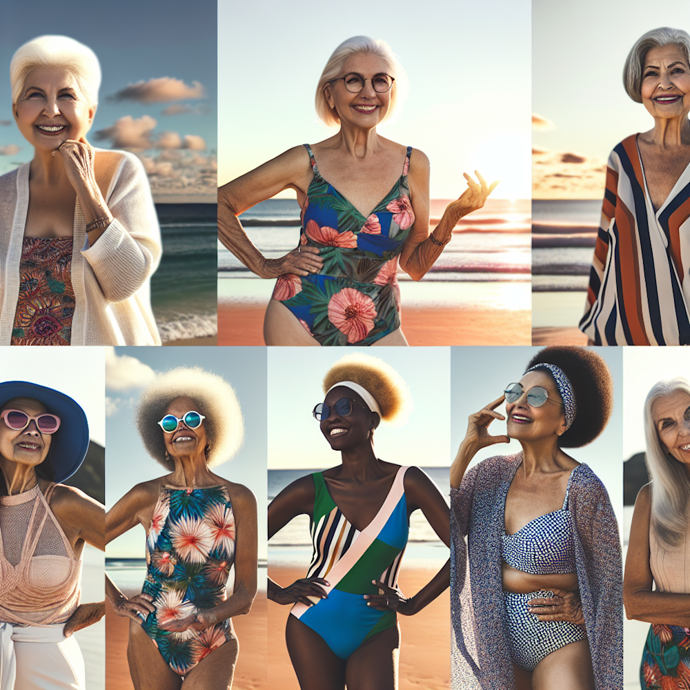 Elderly women confidently modeling trendy swimwear.