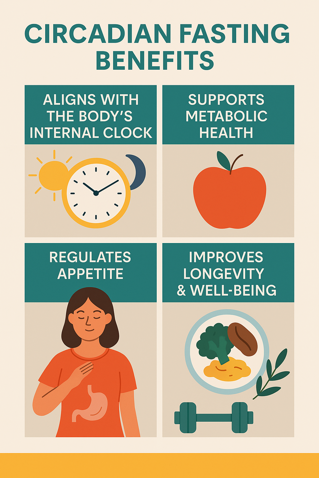 Infographic showing circadian fasting benefits: aligns with internal clock, supports metabolic health, regulates appetite, and improves well-being