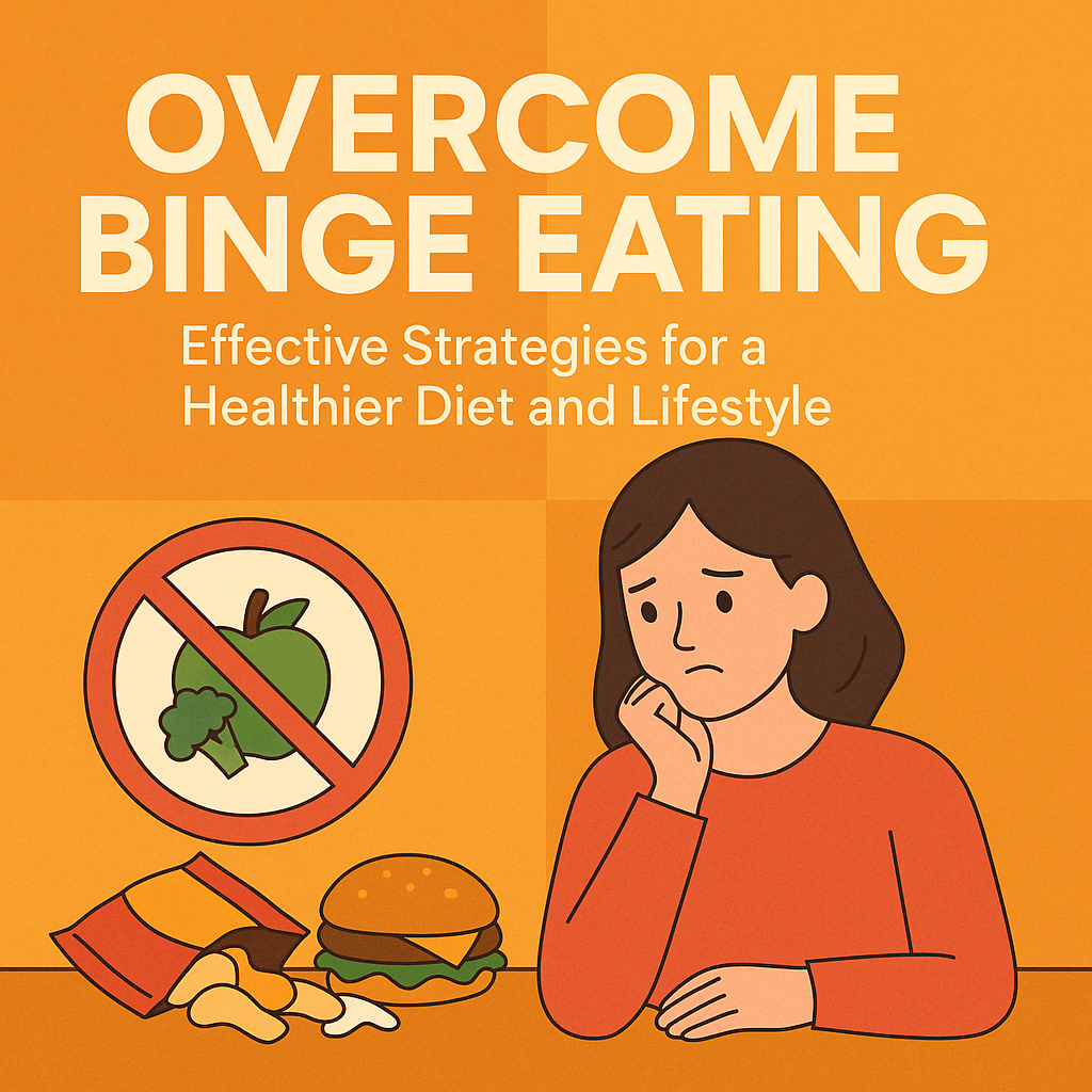 Illustration of woman thinking beside junk food and a healthy eating symbol, representing binge eating awareness