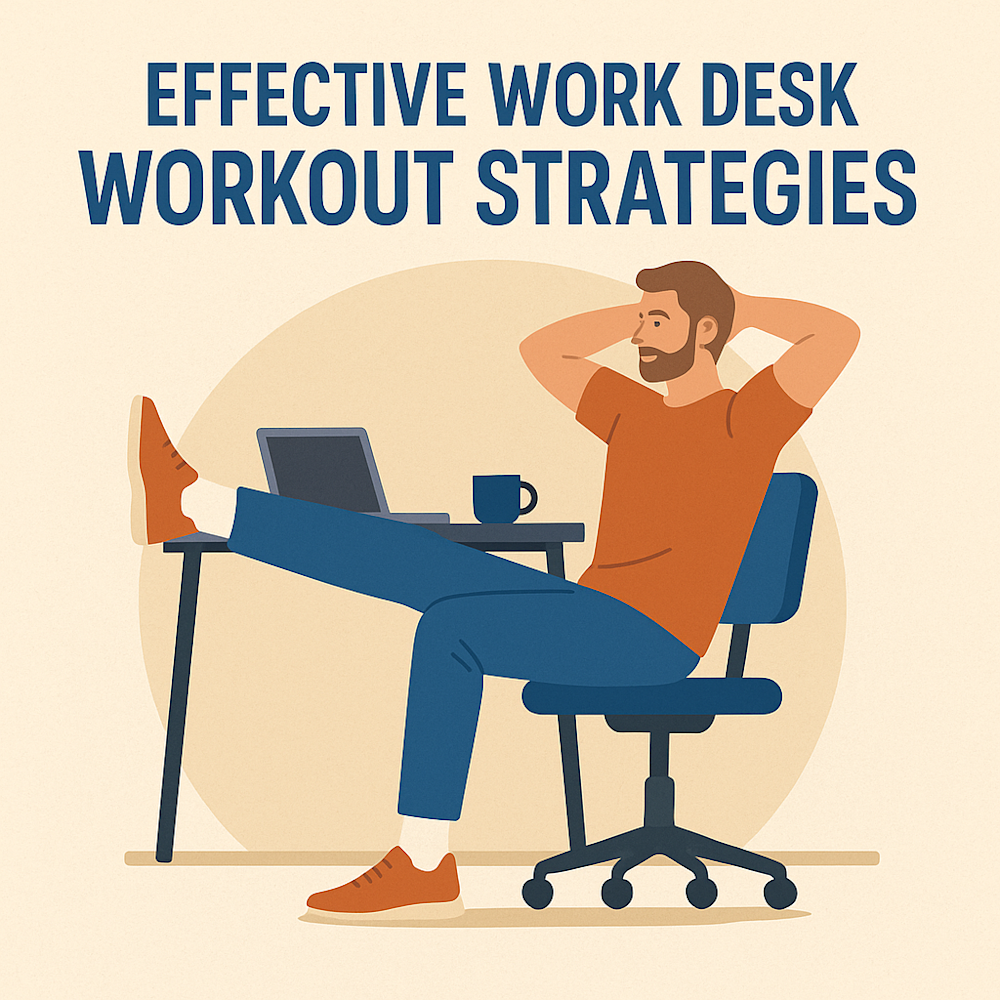 Illustration of man doing seated leg raise at office desk with laptop and coffee, representing work desk workout strategies