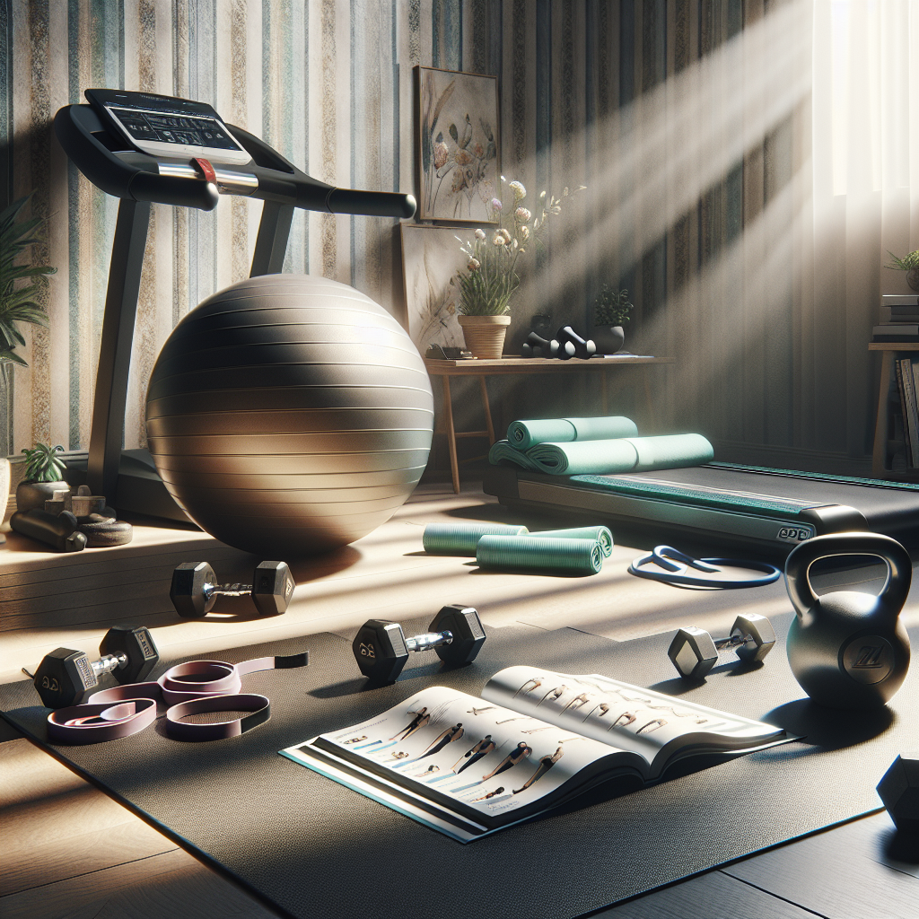 Home workout equipment and a workout guide.