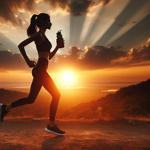 Person running at sunrise with a water bottle.
