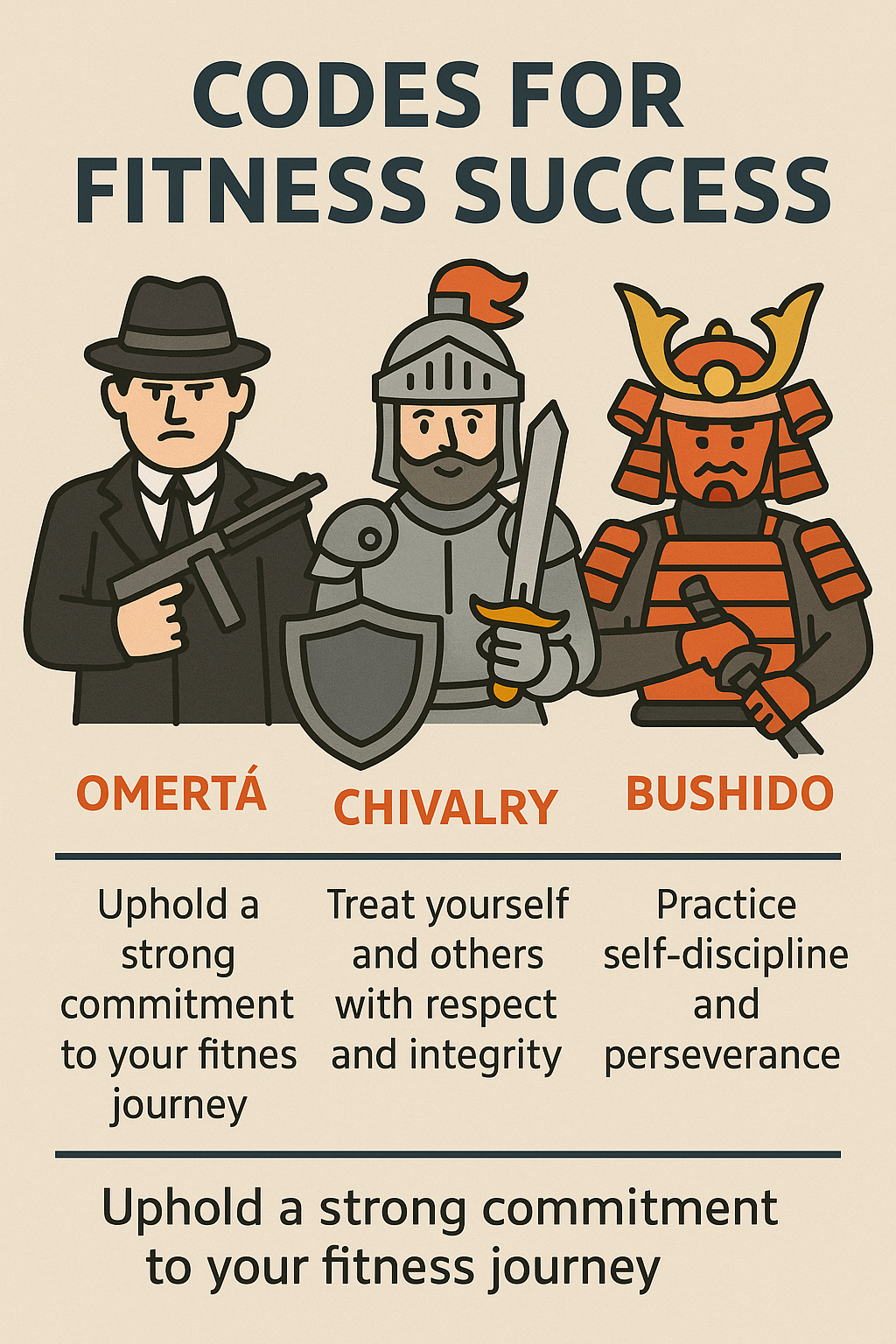 Infographic showing fitness codes inspired by mobsters, knights, and samurai: commitment, respect, and self-discipline