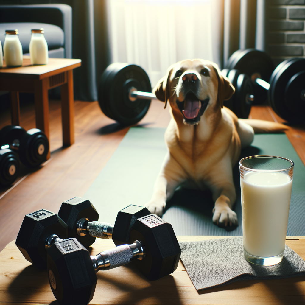 "Dumbbells, milk glass, and a happy dog."