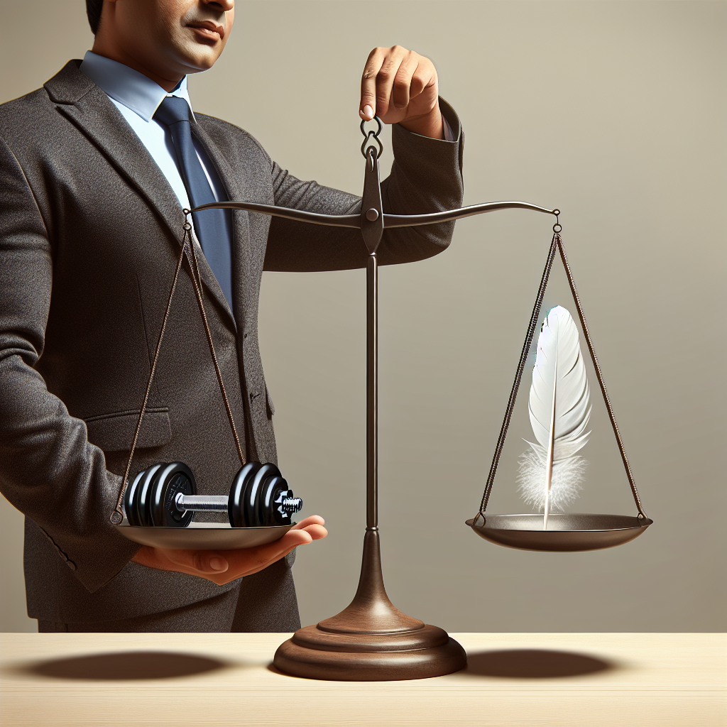 Person balancing barbell and a feather on a scale.