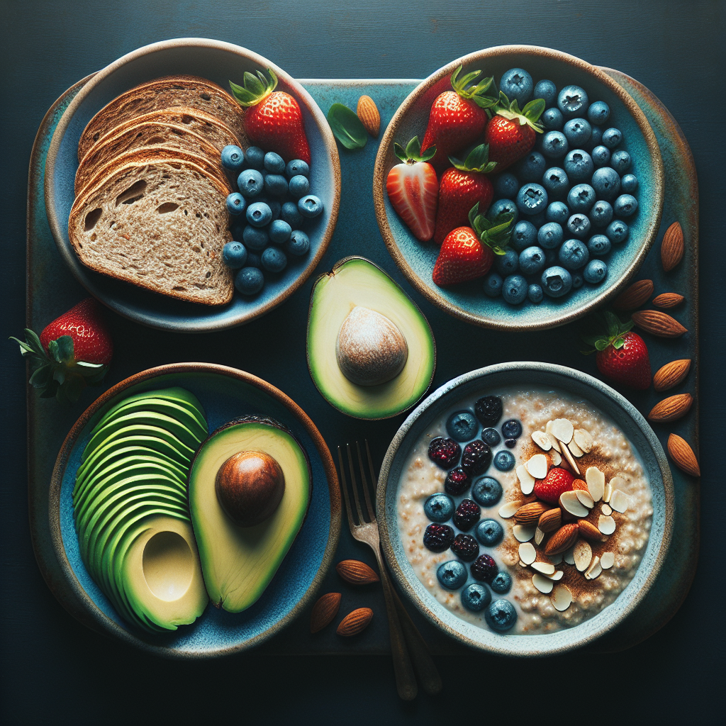 Four breakfast plates with healthy food items.