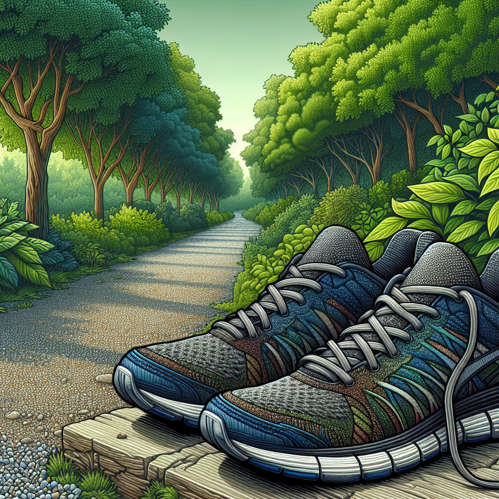 A pair of running shoes and a park trail.