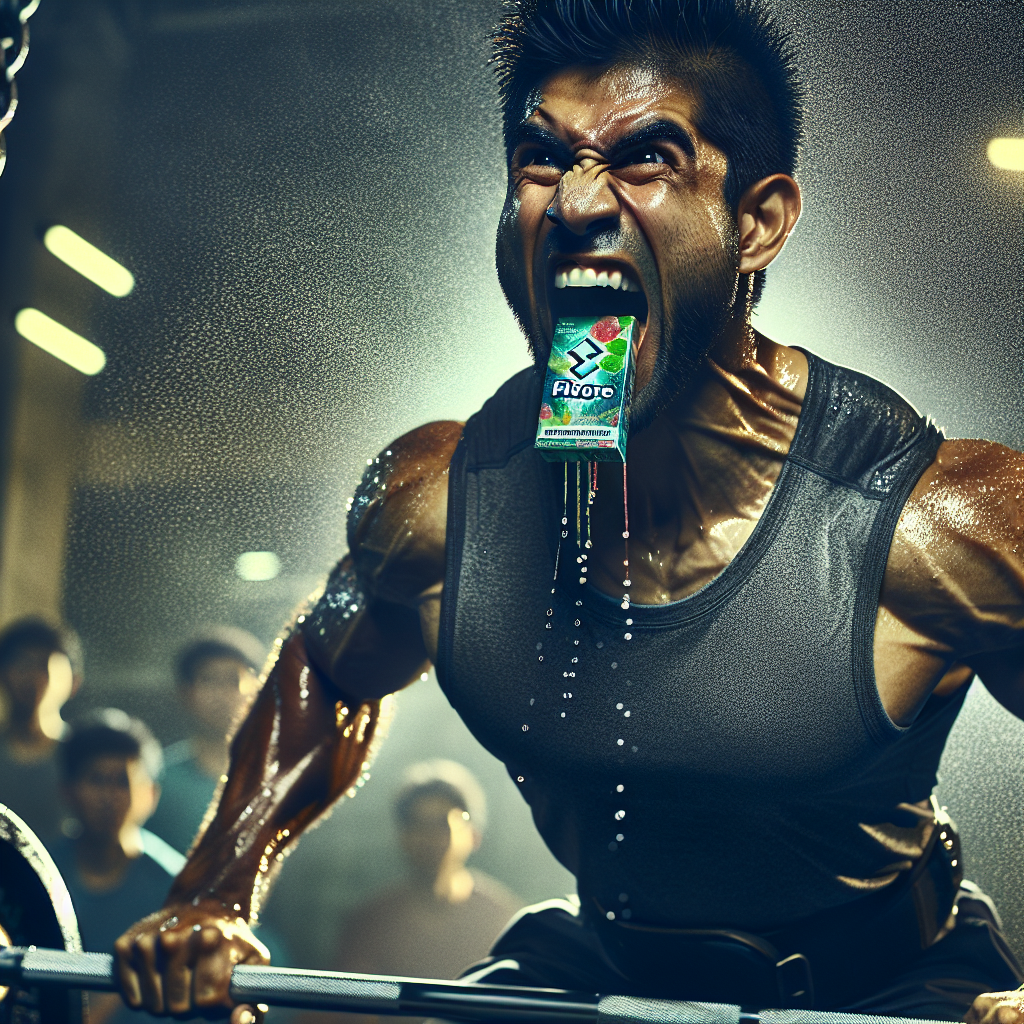 Person lifting weight, chewing caffeinated gum.