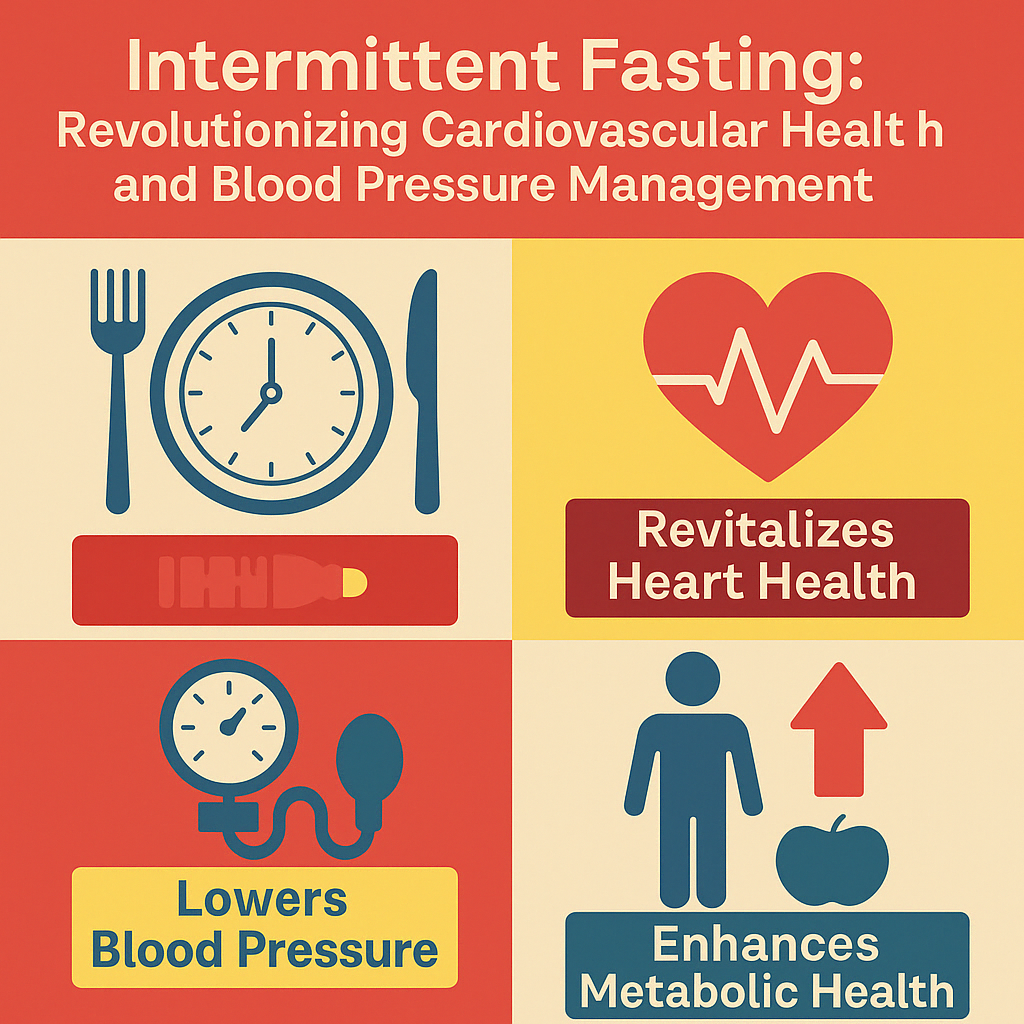 Illustration of clock, heart, blood pressure monitor, and apple representing intermittent fasting and cardiovascular health