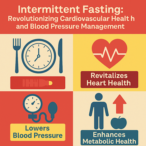 Illustration of clock, heart, blood pressure monitor, and apple representing intermittent fasting and cardiovascular health
