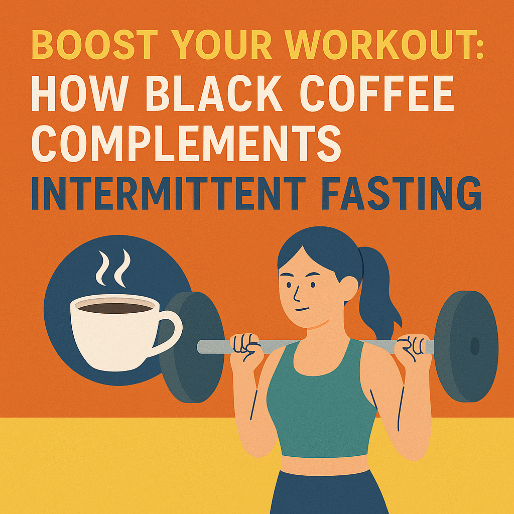 Illustration of woman lifting weights next to a cup of black coffee, representing workout benefits during intermittent fasting