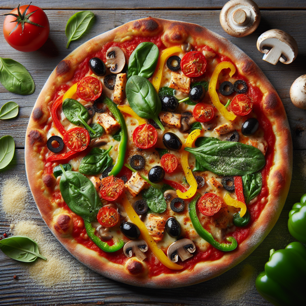 Pizza topped with colorful veggies and lean protein.