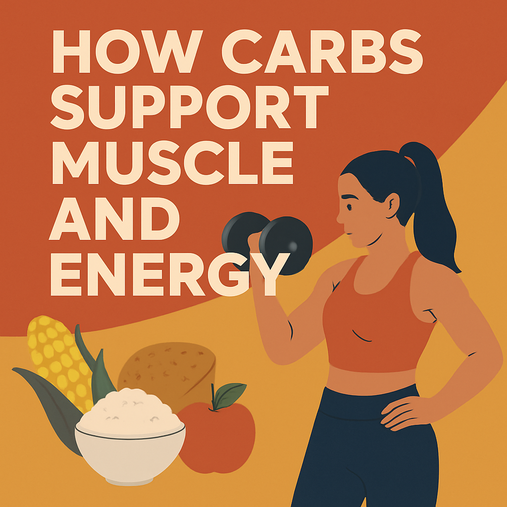 Illustration of woman lifting dumbbell with rice, bread, corn, and apple, representing how carbs support muscle and energy