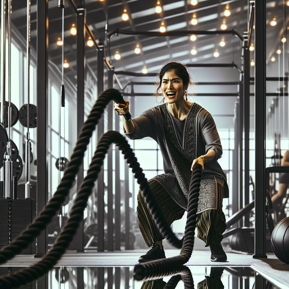 A person using battle ropes at gym.