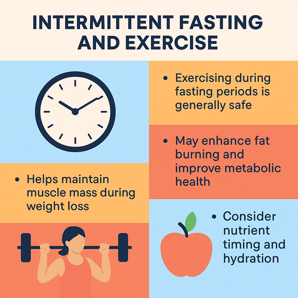 Infographic showing benefits of combining intermittent fasting with exercise, including fat burning, muscle preservation, and hydration tips
