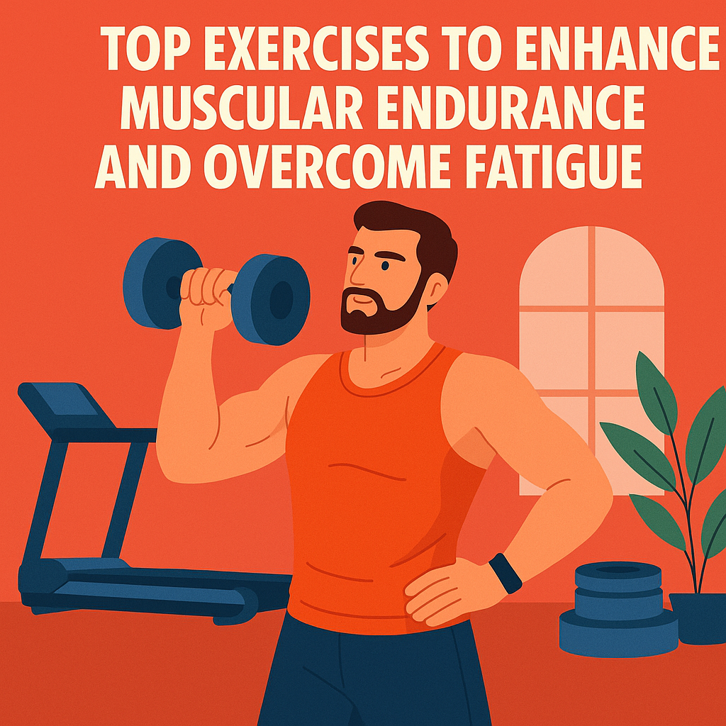 Illustration of man lifting dumbbell in gym with treadmill and weights, representing exercises for muscular endurance and fatigue reduction
