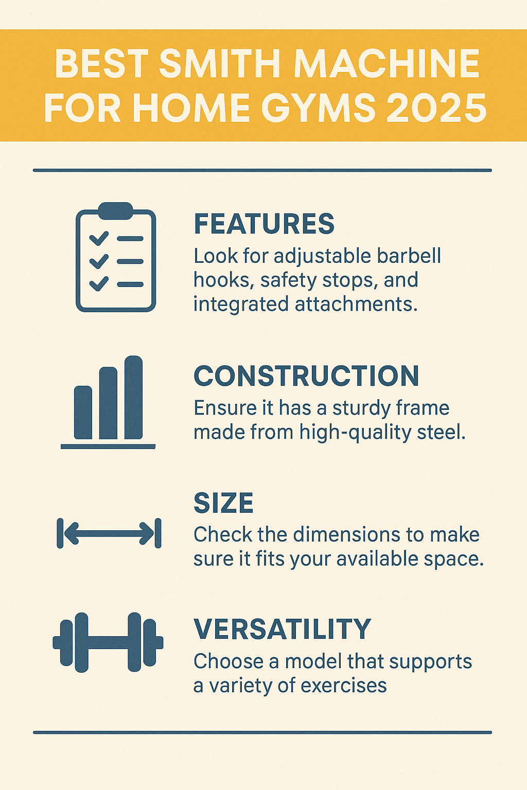Infographic showing key factors for choosing a Smith machine: features, construction, size, and versatility