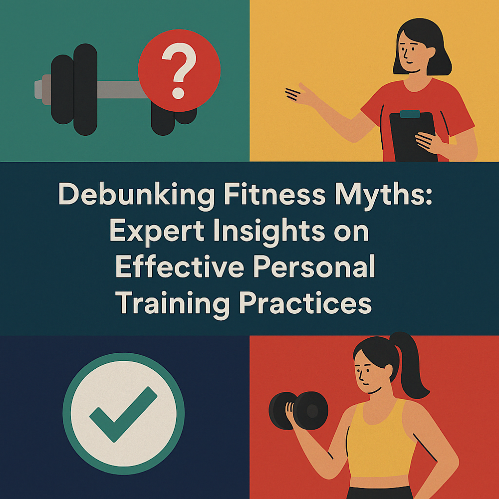 Illustration of dumbbell, personal trainer, checkmark, and woman lifting weight representing fitness myths and personal training insights