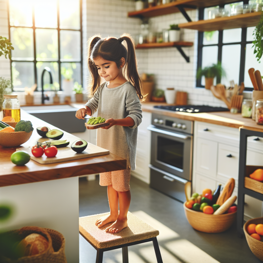 A child preparing a healthy meal in the kitchen.