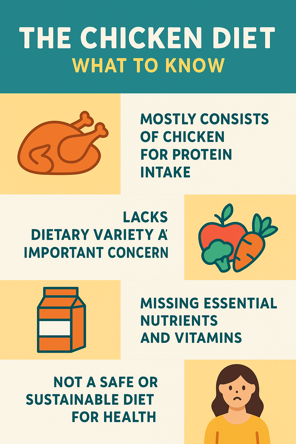 Infographic outlining chicken diet risks: high protein, low variety, missing nutrients, and unsustainable health impacts