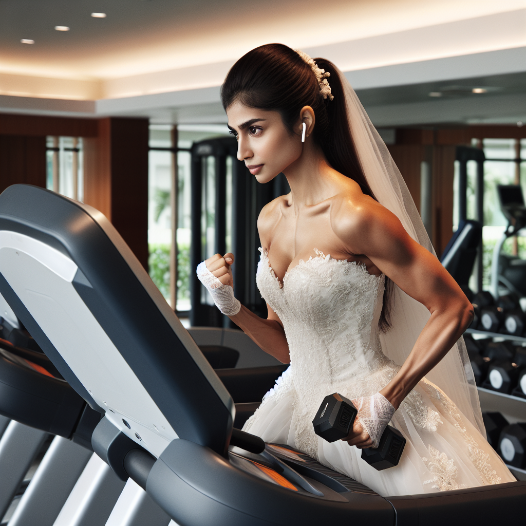Bride doing cardio and strength training in gym.