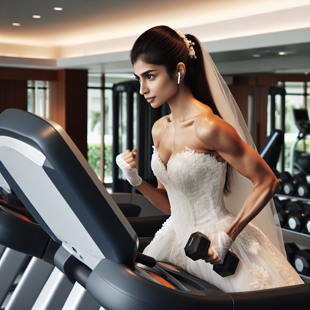 Bride doing cardio and strength training in gym.