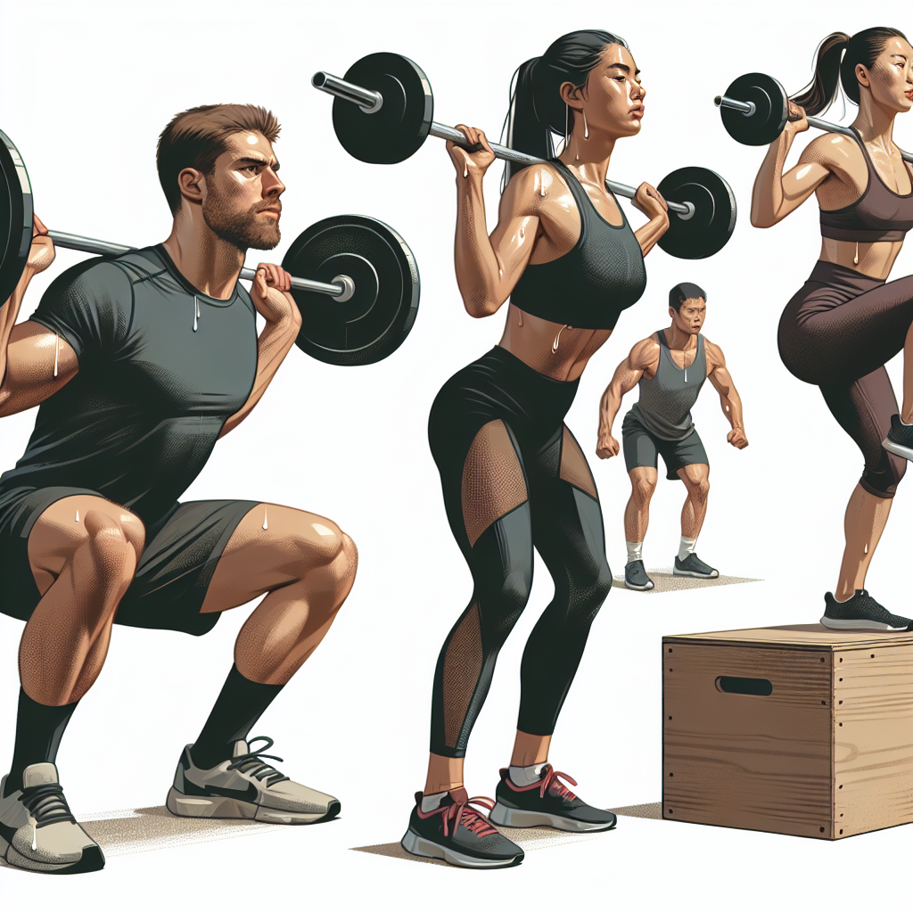 "Athletes doing squats, thrusters, and box jumps."