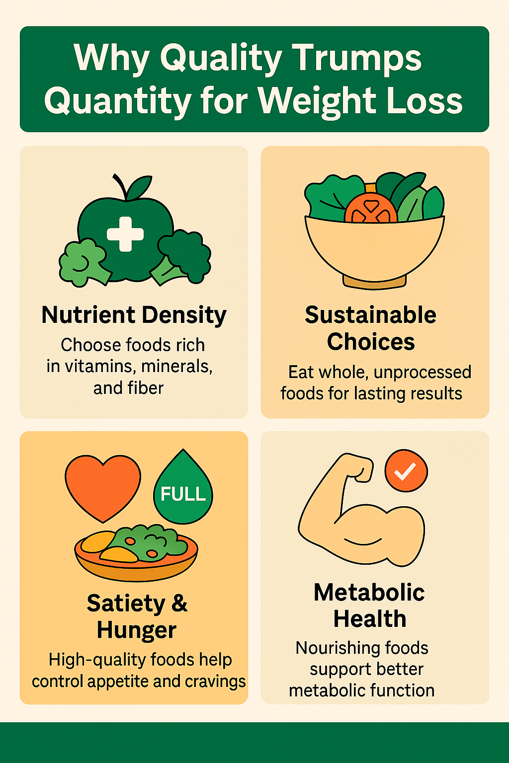 Infographic showing why food quality matters for weight loss: nutrient density, sustainable choices, hunger control, and metabolic health
