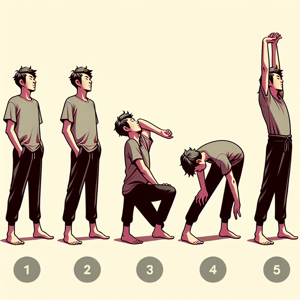 Person stretching, steps 1-5 written as milestones.